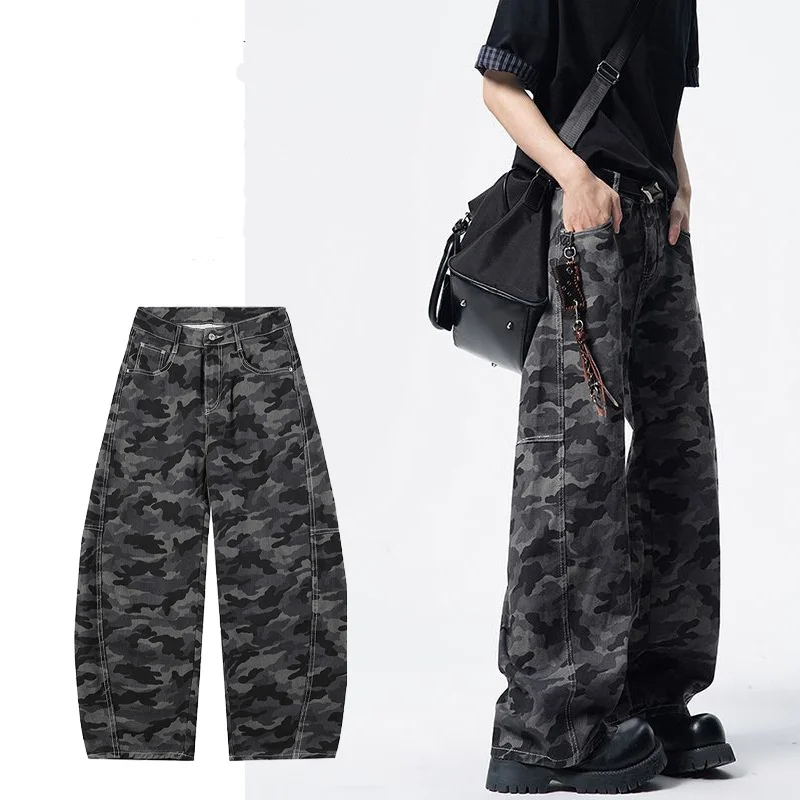 American Style Baggy Jeans Men New Stylish High Street Printing Camouflage Wide Leg Male Curved Knife Denim Pants