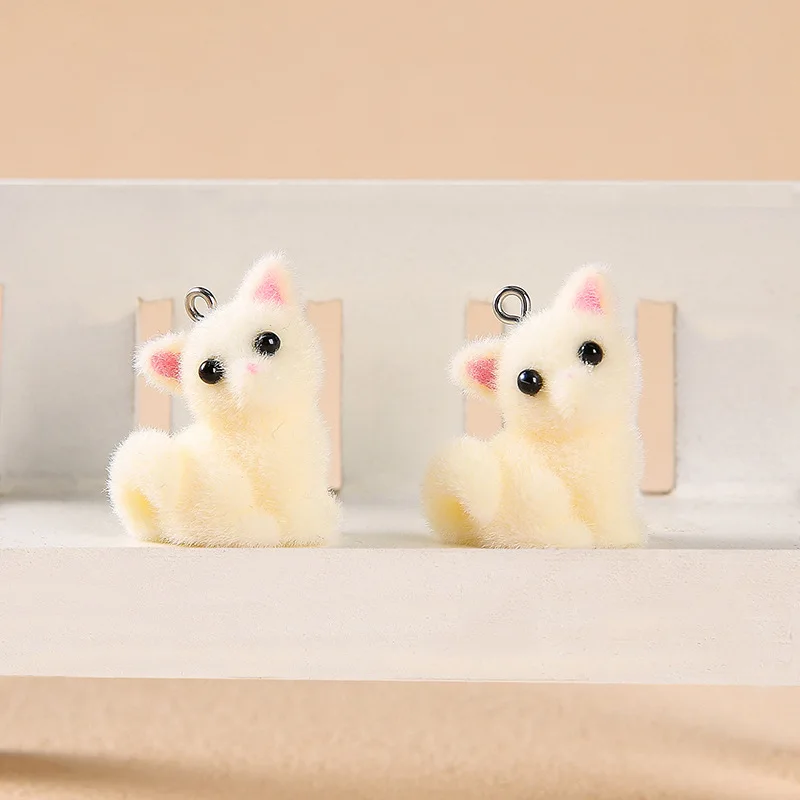 20Pcs 3D Flocking Resin Cute Fox Charms Mini Cartoon Plush Animal Fox Charms For Phone Keychain Earrings DIY Crafts Jewelry Make