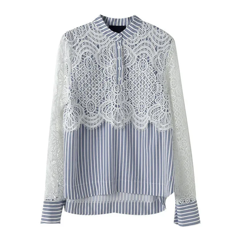 Spring Autumn New Korean Version Loose Stitching Cutout Lace Long Sleeves Women\'s Shirt Fake Two Leisure Printing Crew Neck Top