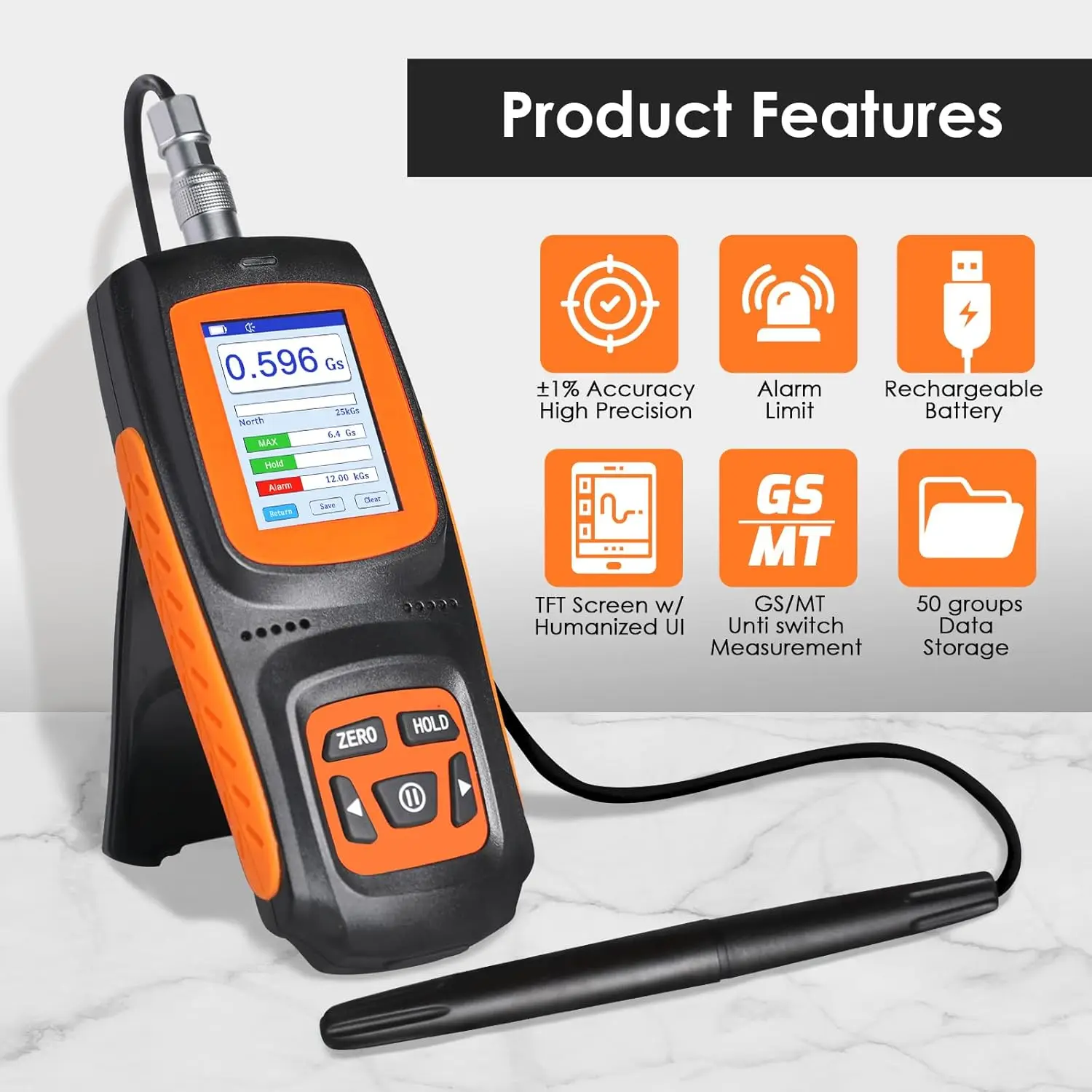 Gauss Meter  Meter Magnetometer High Accuracy 1% Precision Hall Probe 0~2500mT/0~25000Gs Data Logging Alarm Research