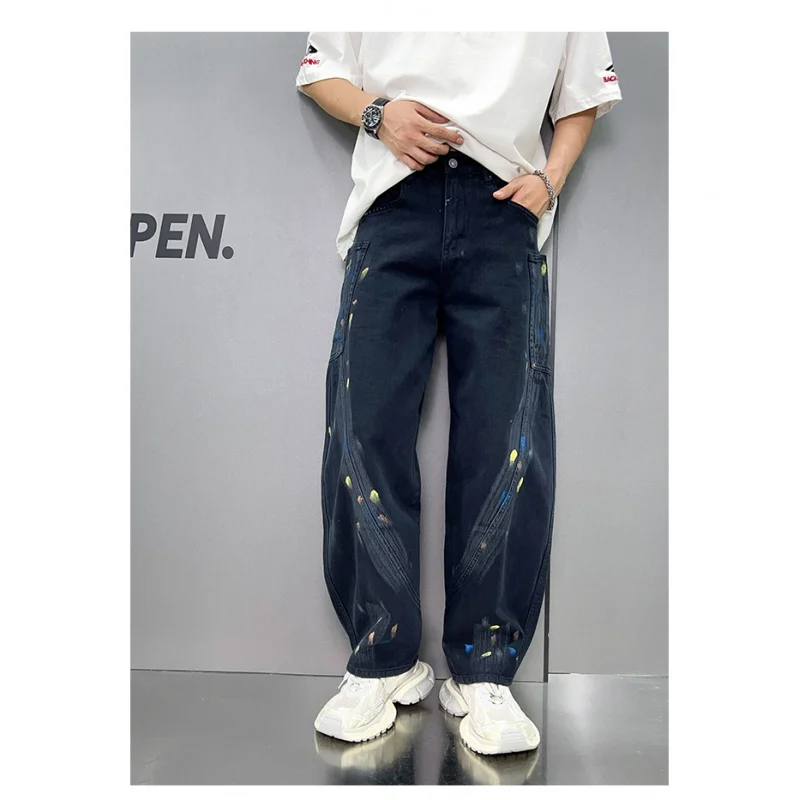 

Washed Dyed Hand-Painted Jeans Men's Street Trend American Style Loose Straight Wide Leg Hip Hop Mop Trousers