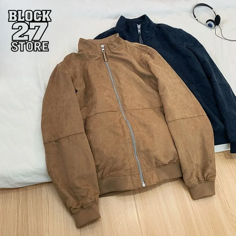 

Mens Jacket Harajuku European Suede Stand Collar Harrington Coat Autumn Winter Retro Leather Style Casual Streetwear Outerwear