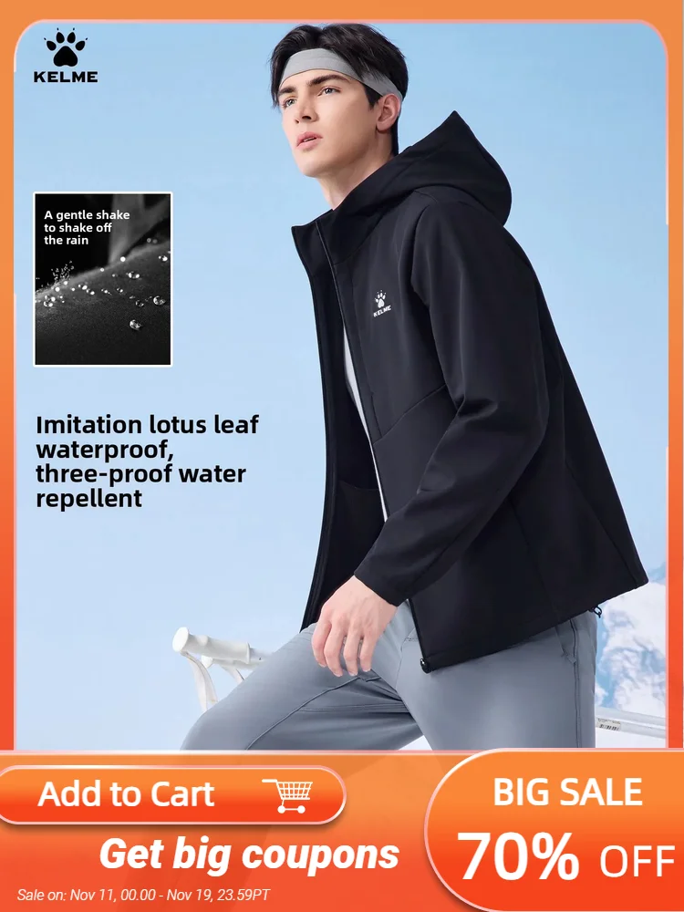 

Kelme Men's Soft Shell Sports Windbreaker With Velvet Anti Splash Jacket Outdoor Running Comprehensive Training Hoodie