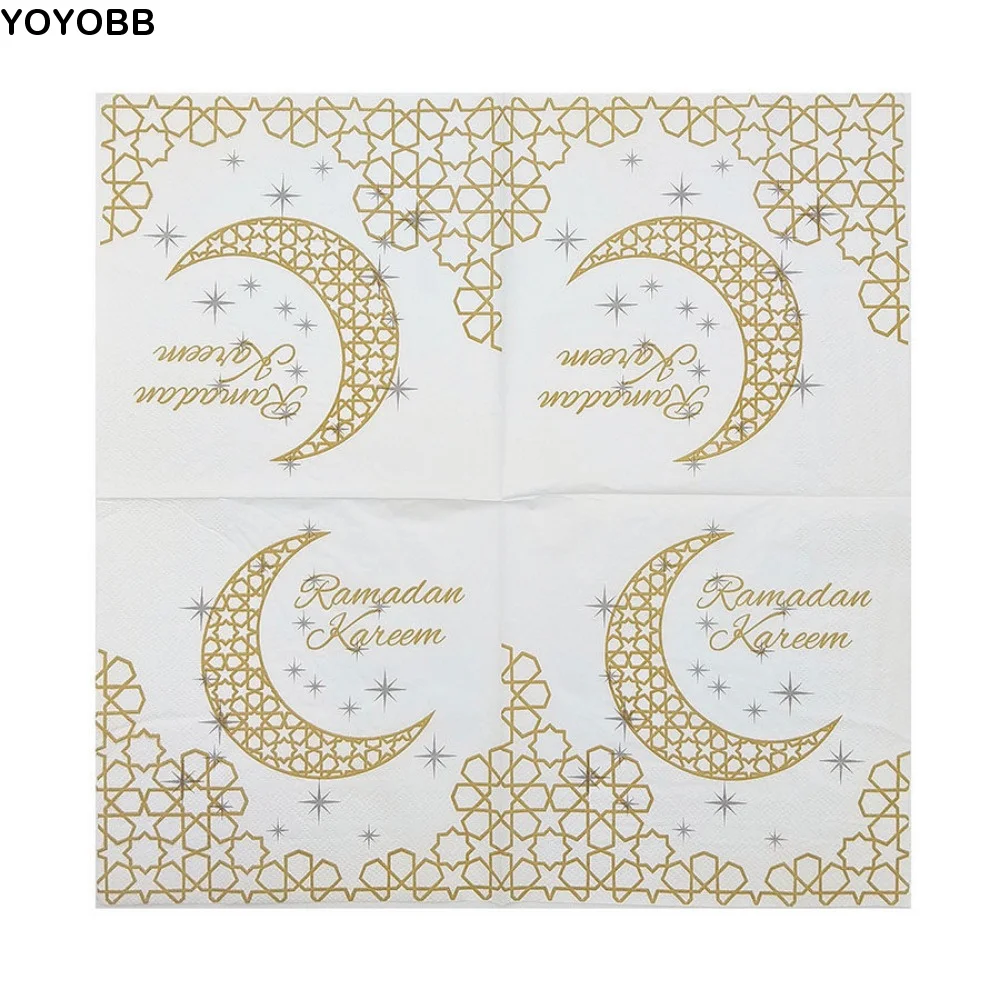 

20 шт. одноразовых салфеток с принтом к Ид аль-Фитру, из древесной массы, двойные, без запаха, декоративные, с надписью «Ид Мубарак»