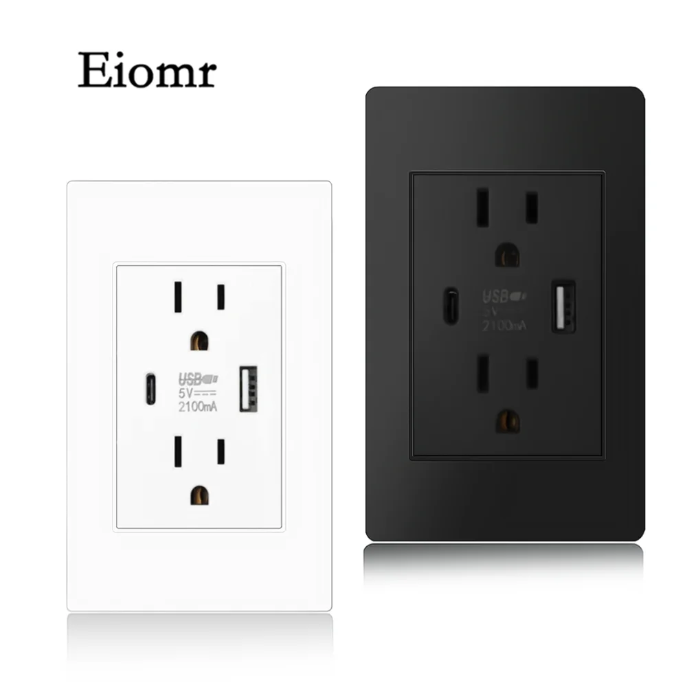 Eiomr US Standard Wall Socket with USB Type-C Charging Port 5V 2.1A, 118mm*75mm Fireproof PC Panel Wall Power US Outlet