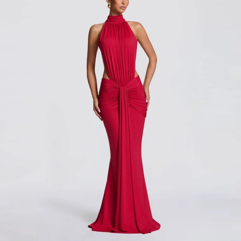 

New Style Halter Neck Pleated Slim Long Skirt High Collar Sexy Backless Temperament Party Dress Solid Color O-neck Ropa Mujer