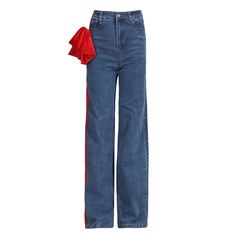 ZAMOR Women's 2026 New Slim-Fit Straight-Leg Jeans with Bow-Knot Spliced Detail Streetwear Denim Pants