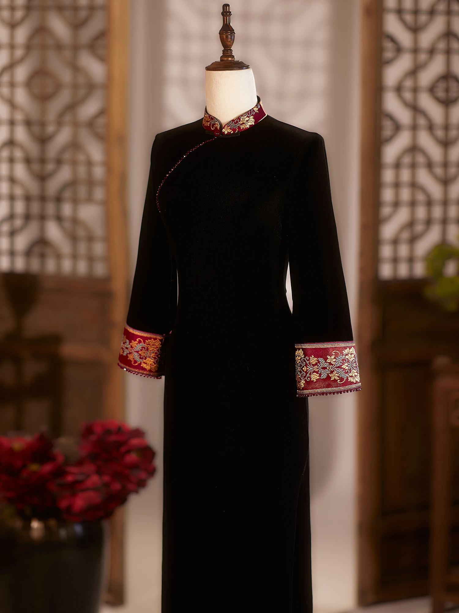 

Ele Bla Velvet Long Sve Qipao Dr Vintage Chinese Sle Materni Winter Faion High Quali Polyester Spandex