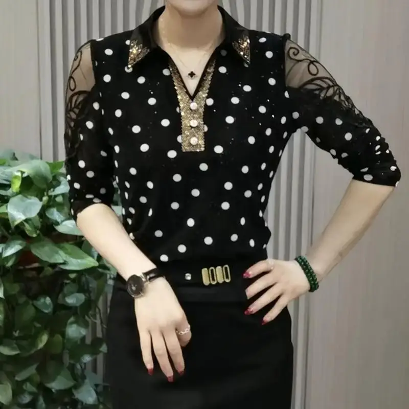 Autumn Turn-down Collar Chic Diamonds Women\'s Clothing Sexy Gauze Lace Shirt Commute Polka Dot Stylish Sequined Blouse