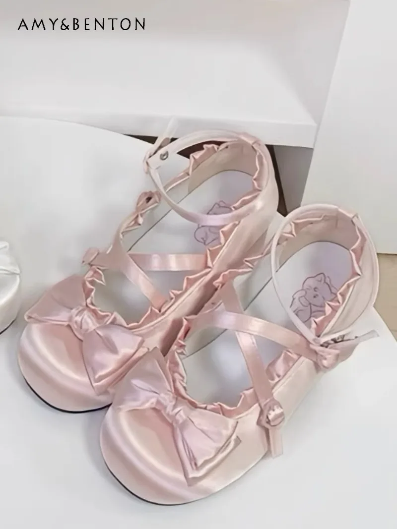 

Original Lolita High Heels Women French Ballet Style Elegant Cute Bow Pointed Toe Cross Buckle Chunky Heel Thick Sole Shoes