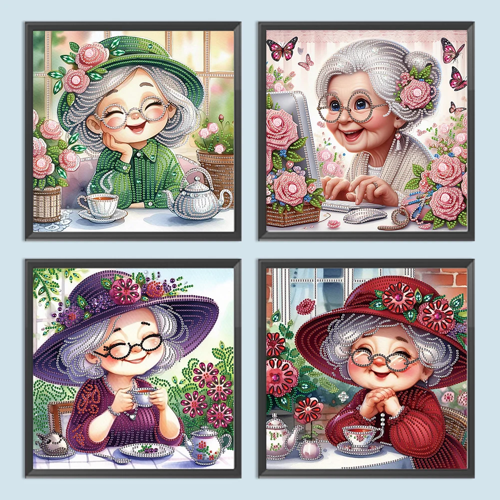 

4Pcs 30x30cm Old Lady 5D DIY Special Shape Crystal Partial Diamond Painting Kit