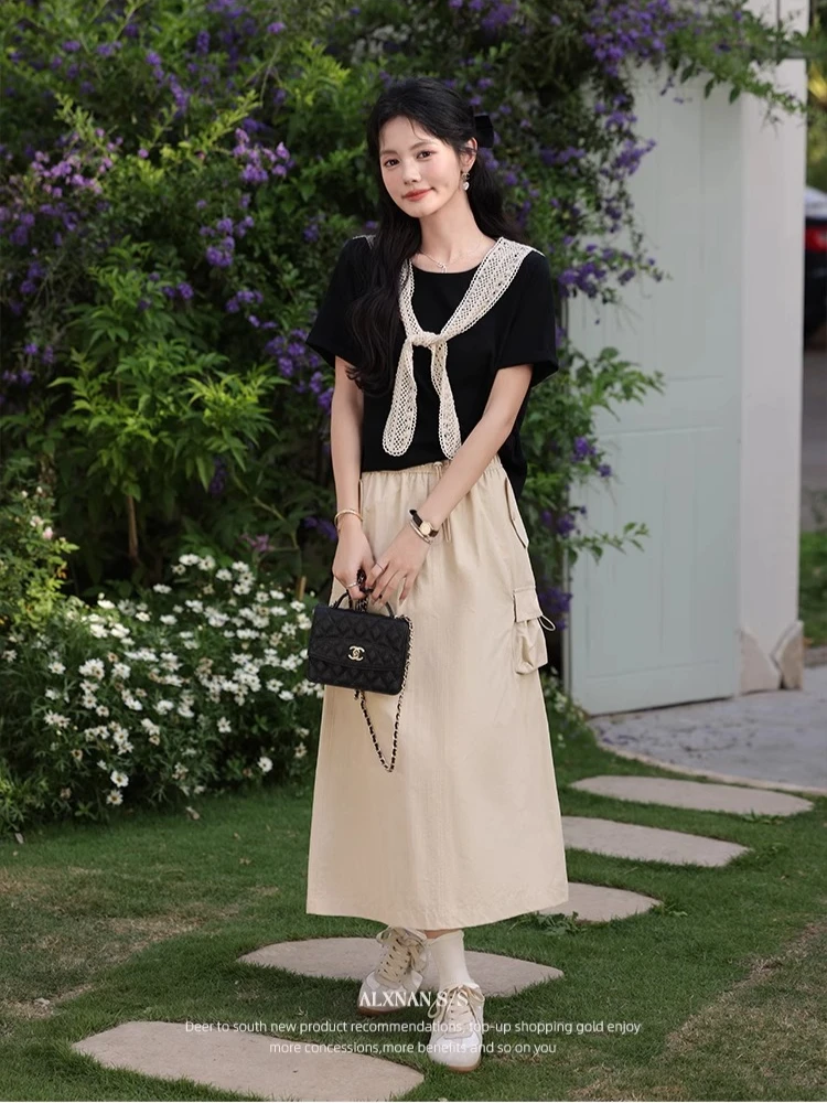 ALXNAN Women's Skirt Apricot Elegant Loose-fit A-line Workwear Skirt 2025 Summer Casual Office Lady with Pocket Clothing L55718