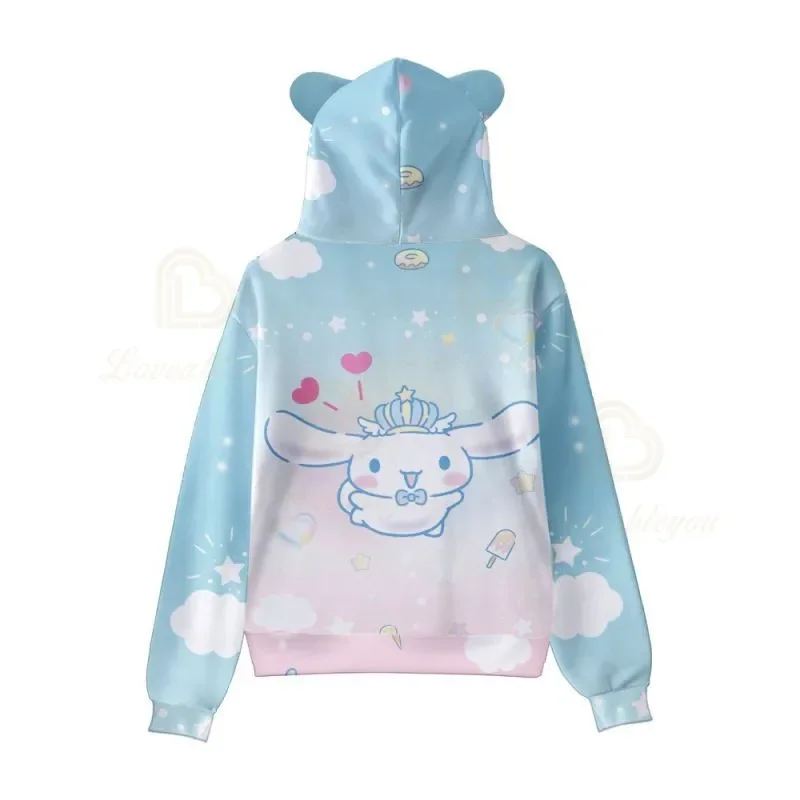 San Kawaii Women Men Long Sleeve Hoodies Cinnamoroll Pompom Purin Pullover Cute Cat Ear Hooded Sweatshirts Boys Girls