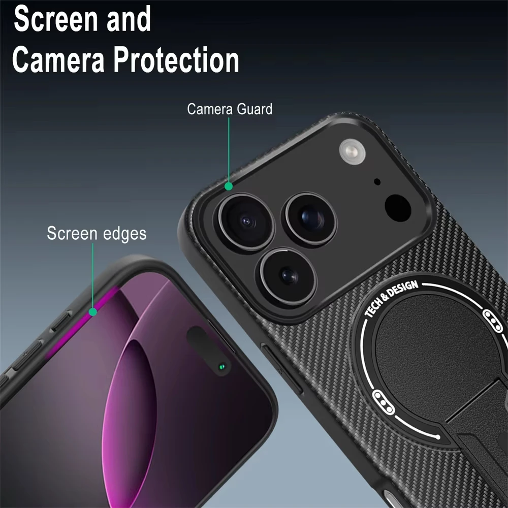 Luxury Carbon Fiber Pattern Fold Stand Magnetic Case For iPhone 17 Pro Max Air 16 15 14 Plus 13 12 11 For MagSafe Military Cover - view 4