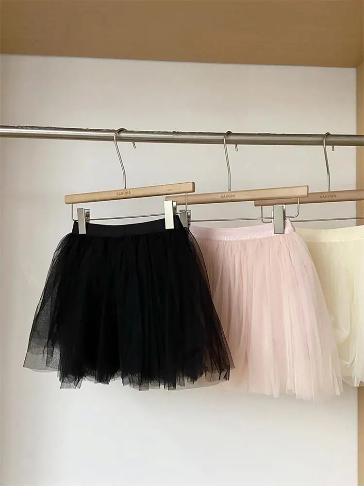 Sweet A-Line  Skirt High Waist Pleated Tulle Half-length Women's Fashion Design Korean Style Casual Bubbly Gown