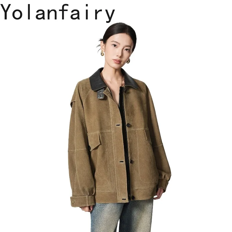 YOLANFAIRY Oversized Suede Goatskin Genuine Leather Jacket Women 2026 High-end Woman Leather Coats Biker Womens Clothing 가죽자켓