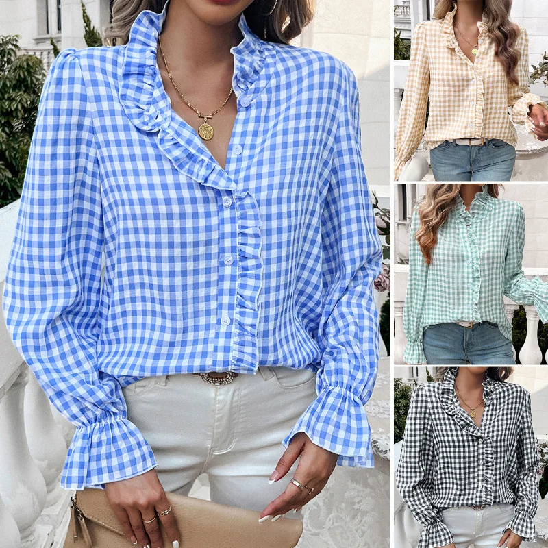 

Women's Plaid Bubble Sleeve Shirt Ruffle Collar Long-Sleeved Button-Up Casual Top for Autumn Winter