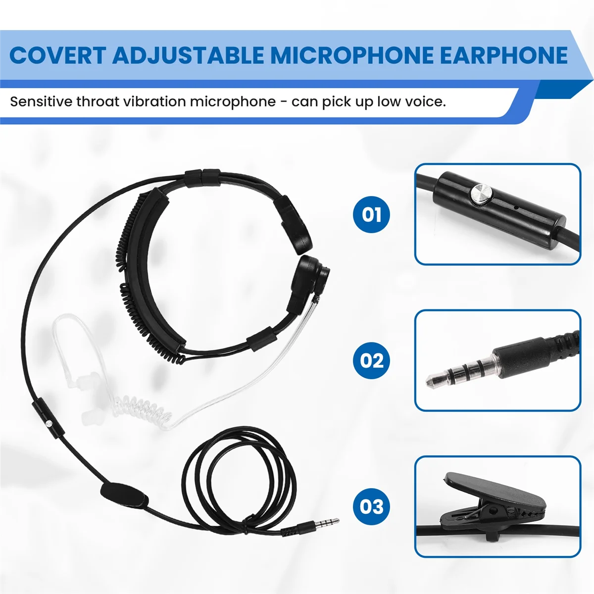 Auriculares con micrófono de garganta táctica con enchufe de 3,5mm, auriculares con tubo de aire oculto ajustables y micrófono de garganta para teléfonos inteligentes