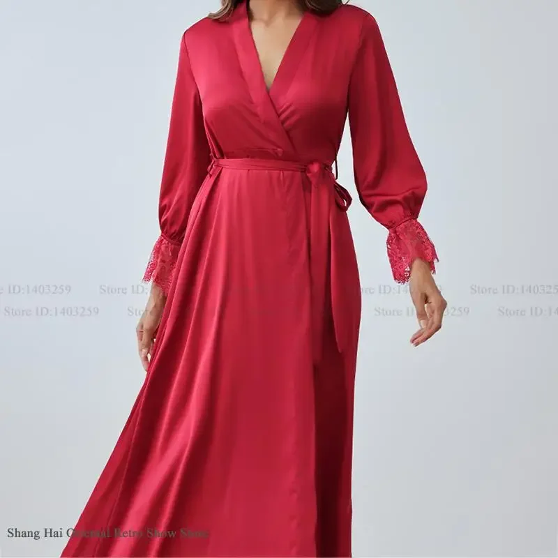 

Sexy Backless Lace Wedding Robe Long Kimono Gown Elegant Bathrobe Sleepwear Casual Silk Satin Loungewear Home Dress Negligee