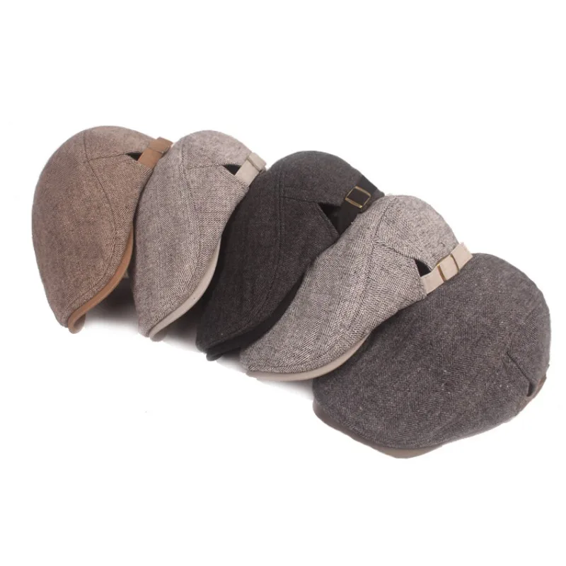 Herringbone Tweed Ivy Flat Cap British Vintage Newsboy Beret Adjustable Back Strap Gentleman Peaked Hat Autumn Winter Headwear