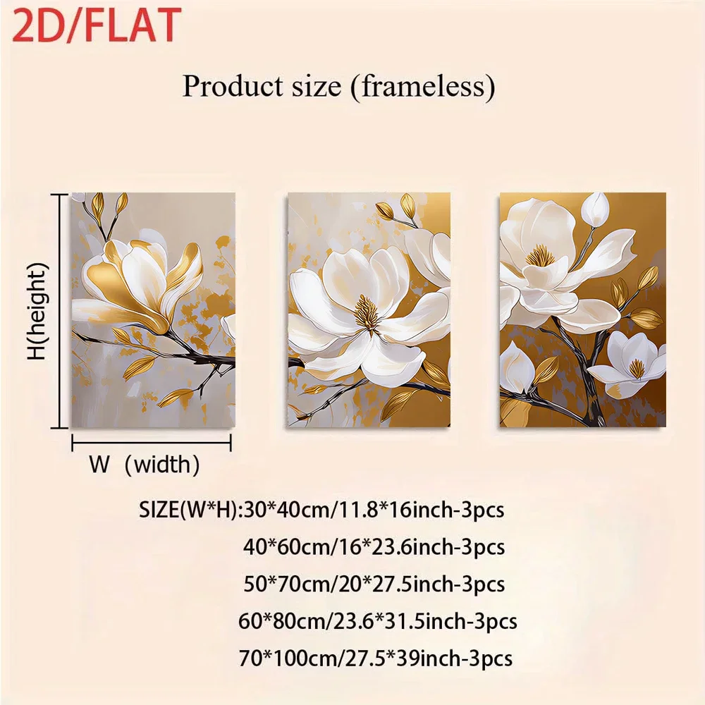 Multiple sizes 3pc frameless Canvas Painting three-panel frameless decorative paintings, abstract art of golden magnolia flowers
