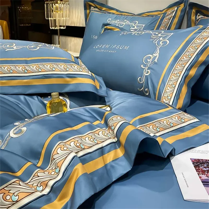 Bedding Set Luxury Superior Gold Royal Embroidery Bed Comforter Sets Duvet Cover Bed Sheets and Pillowcases Summer Silky Bed Set