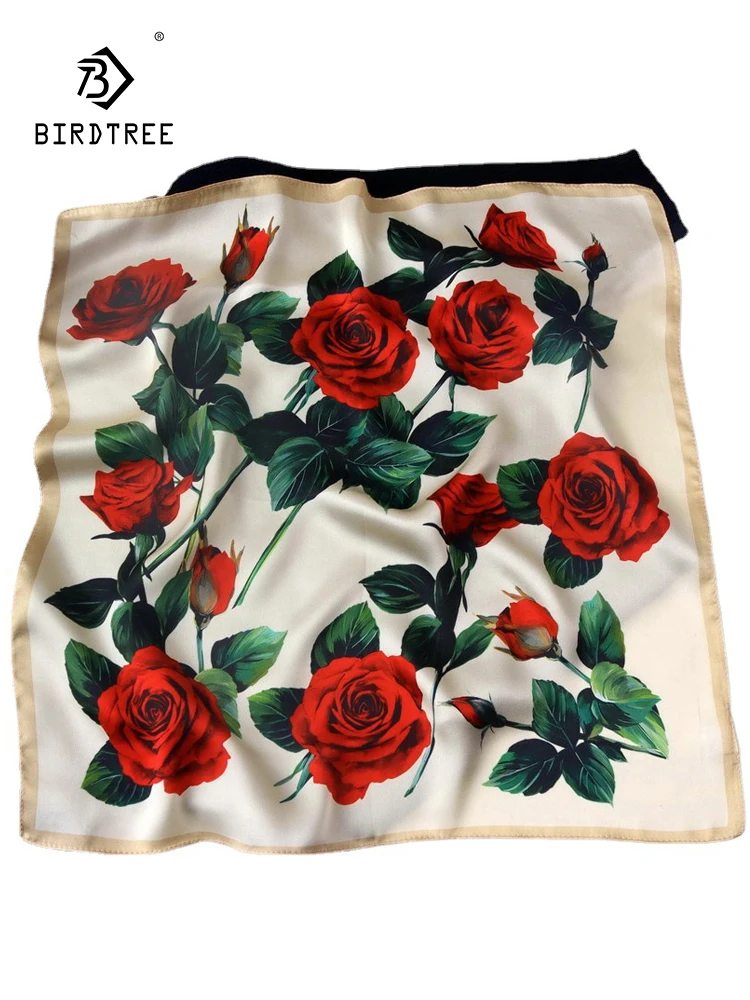 Birdtree 55*55cm 100%Real Silk Red Rose Scarf Mom\'s Gift Elegant Head Scarves Handkerchief Square Scarf 2024 Spring New A3D839QC