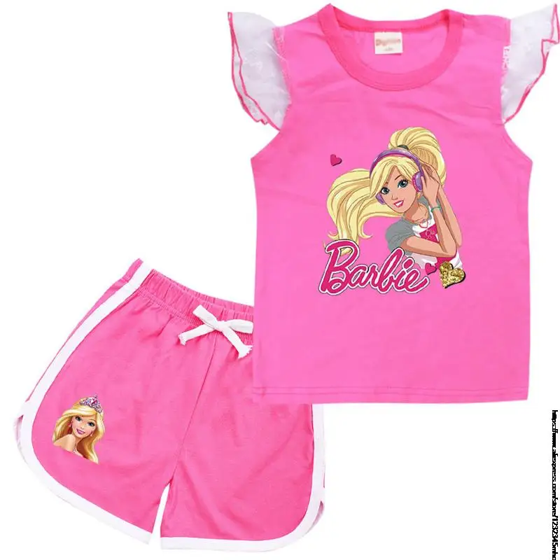 Conjunto de ropa para bebé, camisetas y pantalones cortos de Barbie para niños, trajes de 2 piezas, chándales informales para adolescentes y niñas,