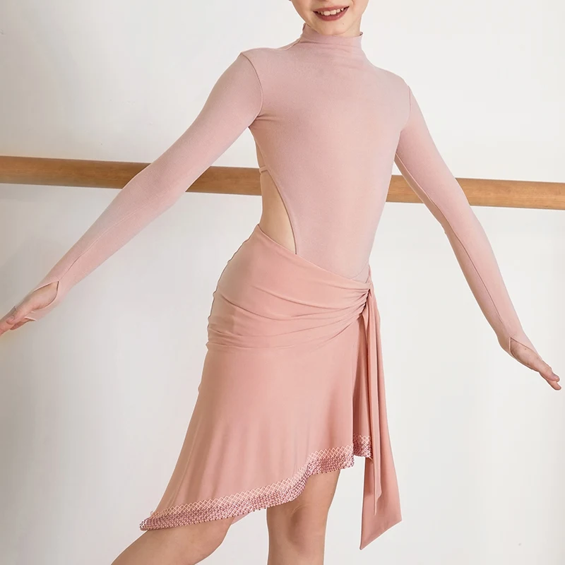 ZYM Latin Dance Performance Dress For Girls Long Sleeved Split Skirts Suit Chacha Rumba Tango Kids Latin Stage Clothes DQS17704