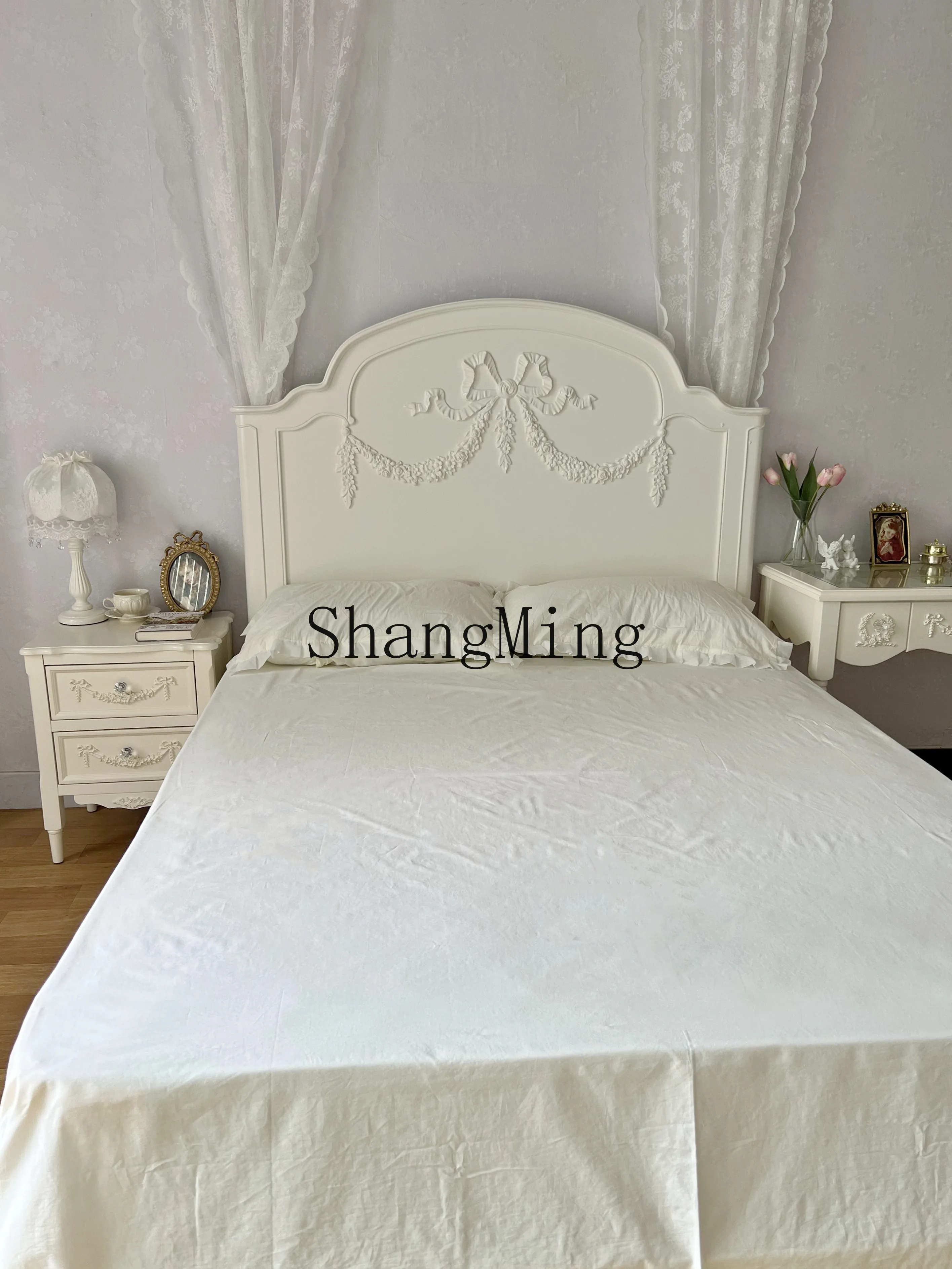 CL carved solid wood double master bedroom1.5 meters  modern wedding bed pink