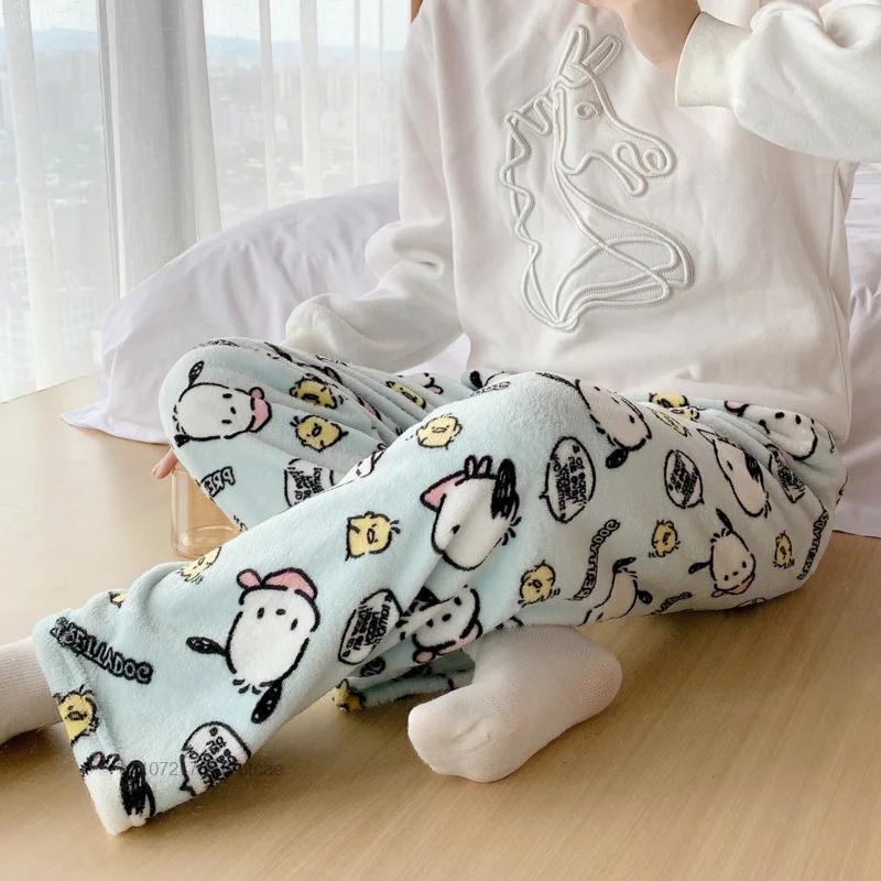 Sanrio Pochacco Plush Cotton Sleep Bottoms Cute Cartoon Flannel Sleeping Pants Women\'s Winter New Thicken Warm Casual Home Pants