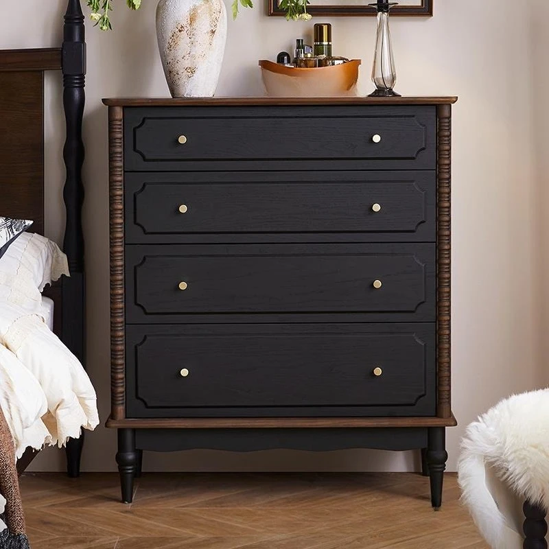 Cassettiera in legno massello in stile retrò francese, armadietto per soggiorno contro il muro, lato pranzo nero in legno di frassino medievale c