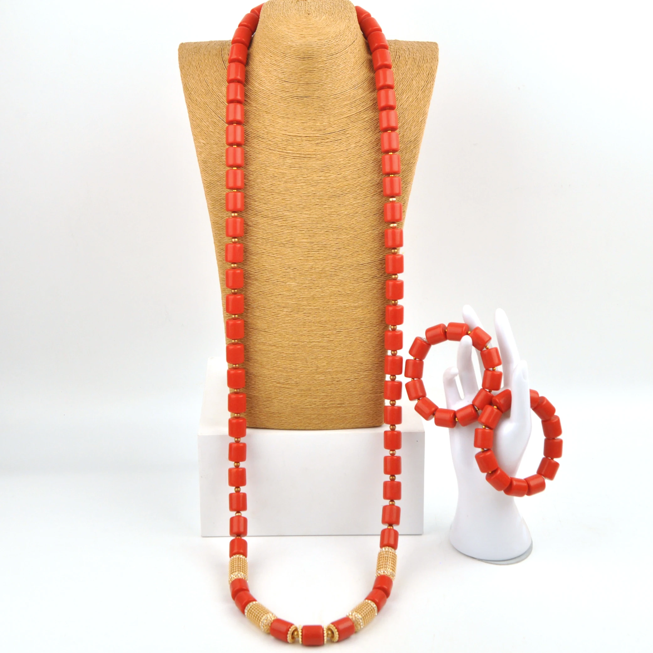 

Nigerian Wedding 50inches African Necklace Groom Sets Artificial Coral Jewelry Set for Men