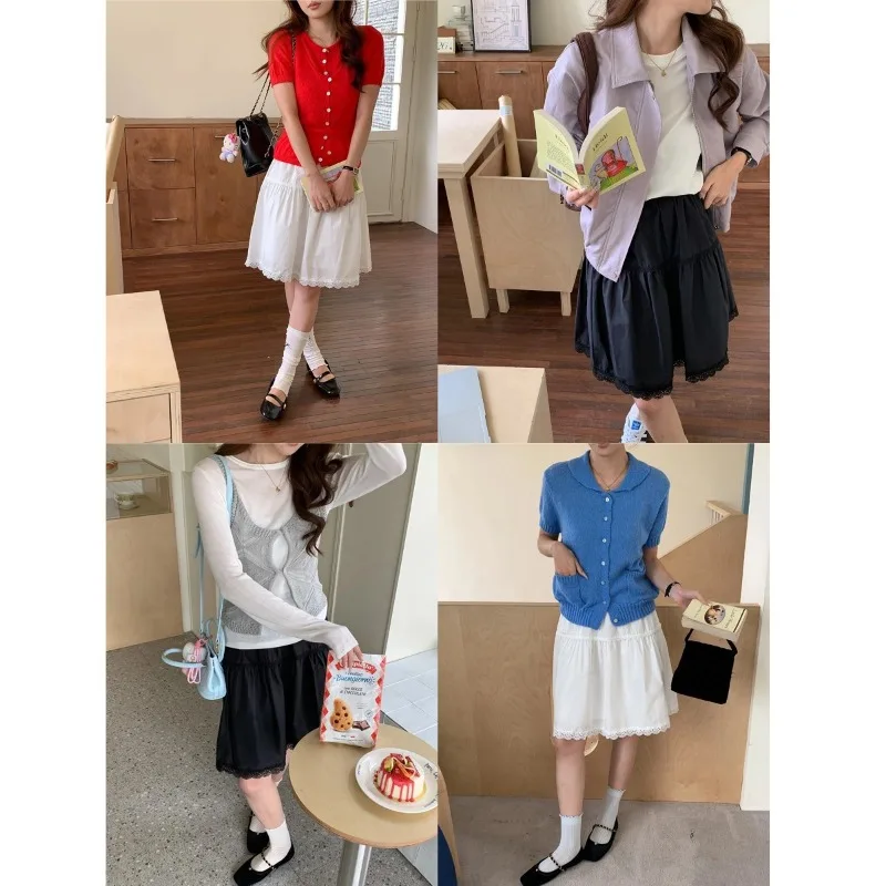 Women White Lace Trim Mini Skirt Ruffled Hem High Waist Cute A Line Skirt Sweet Casual Fashion Elegant Summer Skirt ZN0P