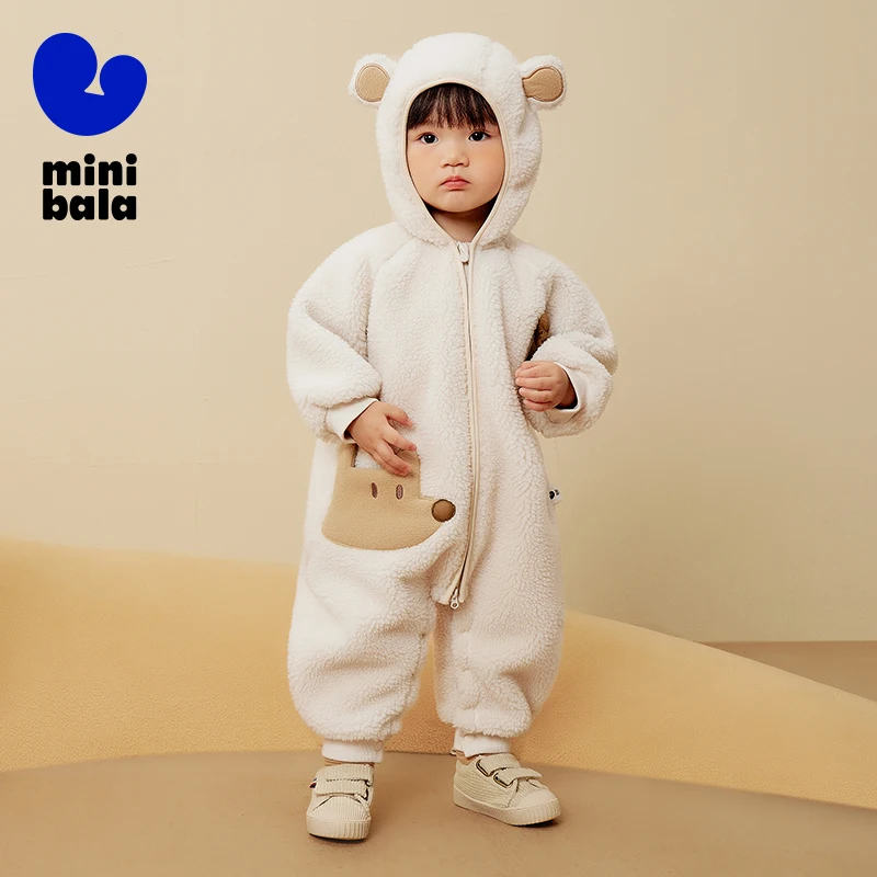 

Mini Bala One-Piece Outfit Kids 2025 New Bear Design Fleece Romper for Baby Boys and Girls Outdoor Wear
