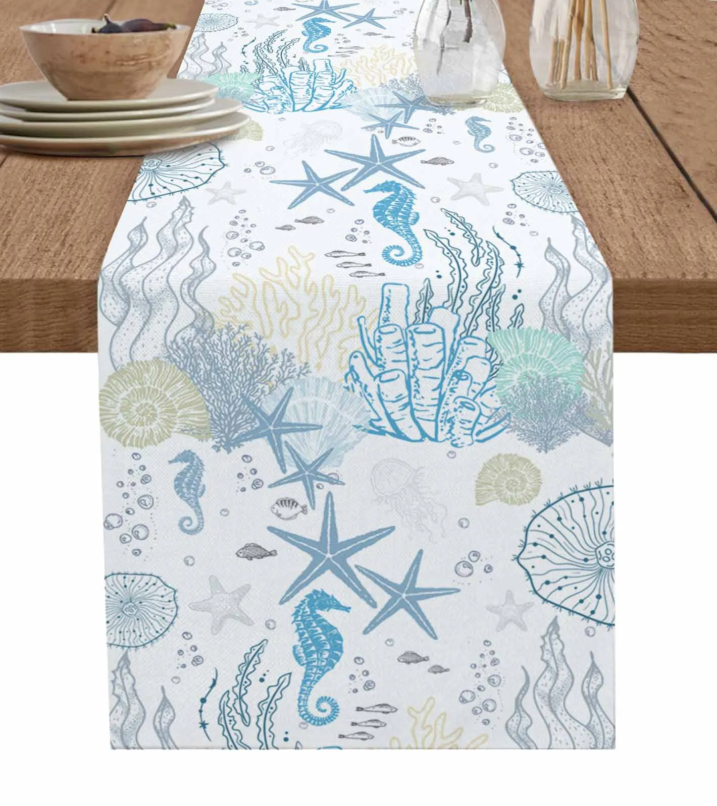

Ocean Coral Starfish Shell Linen Table Runners Kitchen Table Decoration Accessories Dining Table Runner Wedding Party Supplies