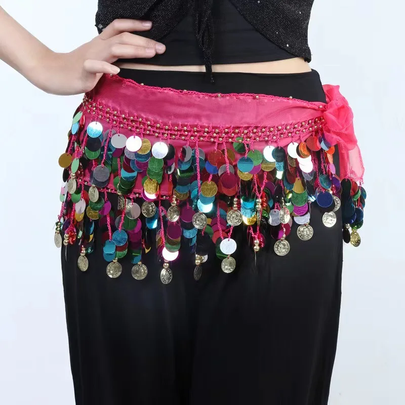 Цепочка на талию для танца живота, красочные блестки, медные монеты Гонга, женское выступление на сцене, поясная цепочка для фестивальной практики