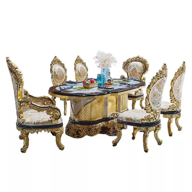 

French dining table and chair combination luxury solid wood carving flower new long dining table European villa high-en