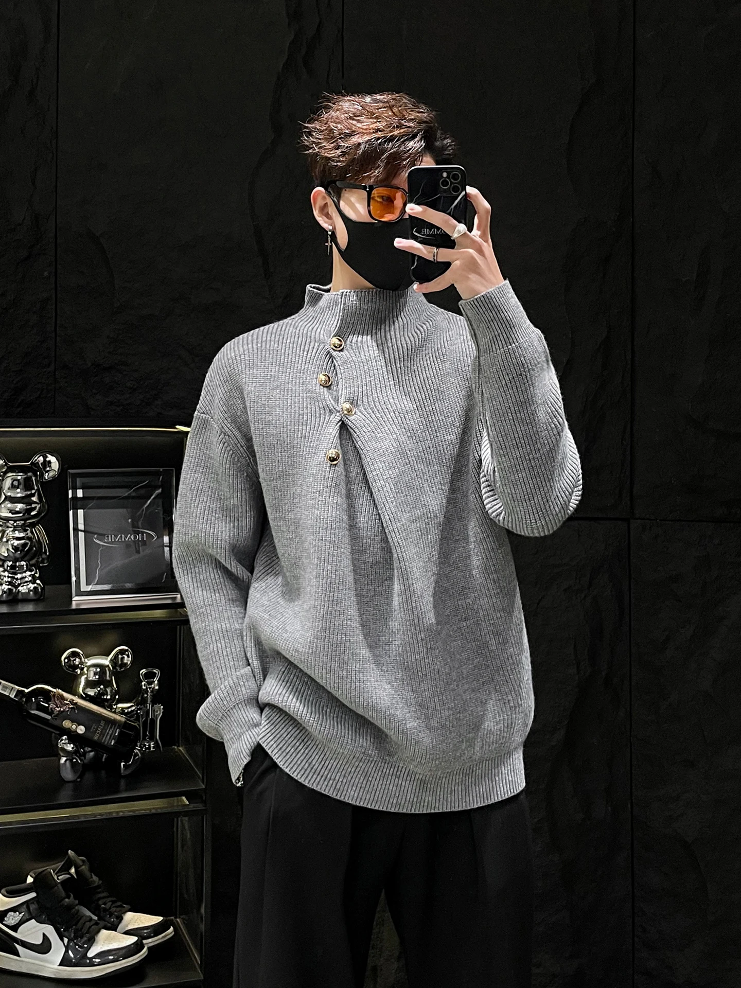 

Мужской вязаный свитер с высоким воротником и пуговицами, свободный крой, повседневный стиль, осенняя одежда, средней плотности вязки