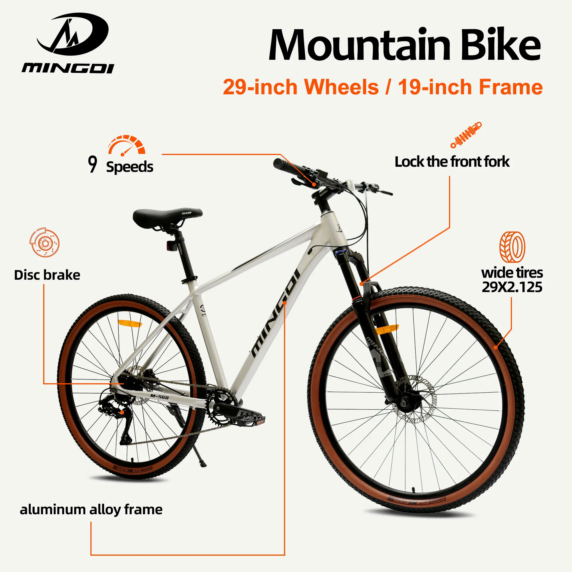 29 Inch Mountain Bike 19 Inch Frame 9 Speeds Lockout Fork Hydraulic Disc Brakes Aluminum Alloy Bearing Hub Single Chainring
