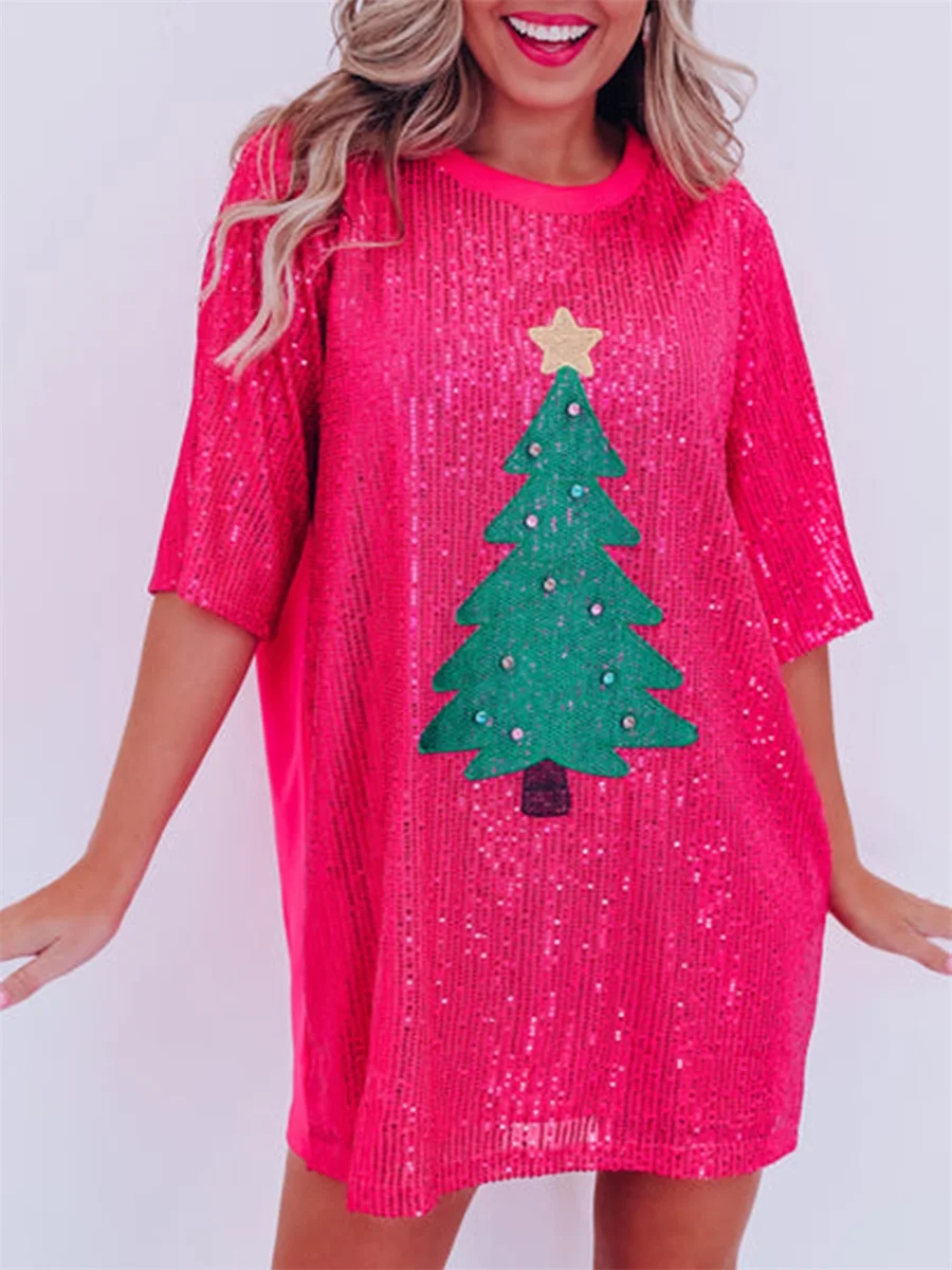 Cathery Women's Christmas Mini T-Shirt Dress Sequin Christmas Tree Pattern Short Sleeve Round Neck Loose Short Dress