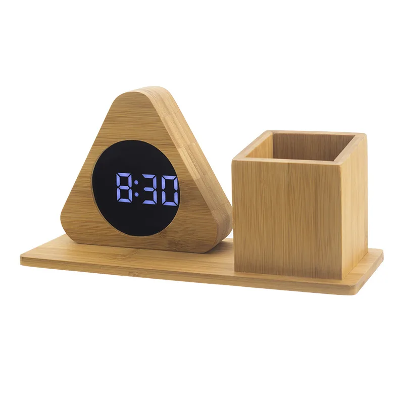 New LED display gift wooden cylinder alarm clock seat clock Creative home office study Triangle round square digital mute clock