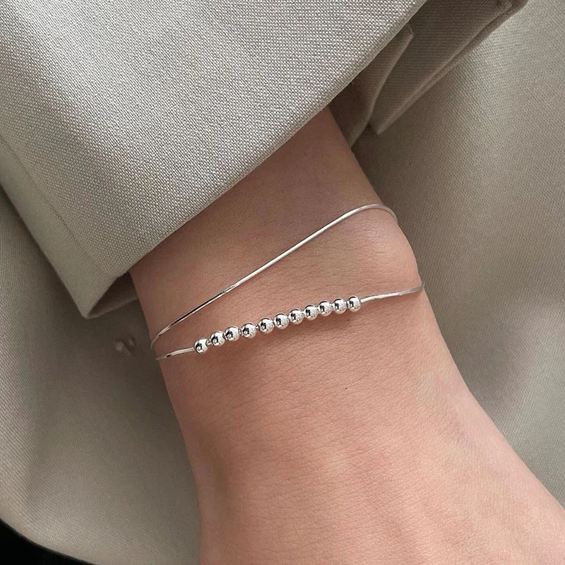 

Real 925 Sterling Silver Double Layered Chain Bead Charm Bracelets for Women Classic Fine Jewelry Geometric Accessories