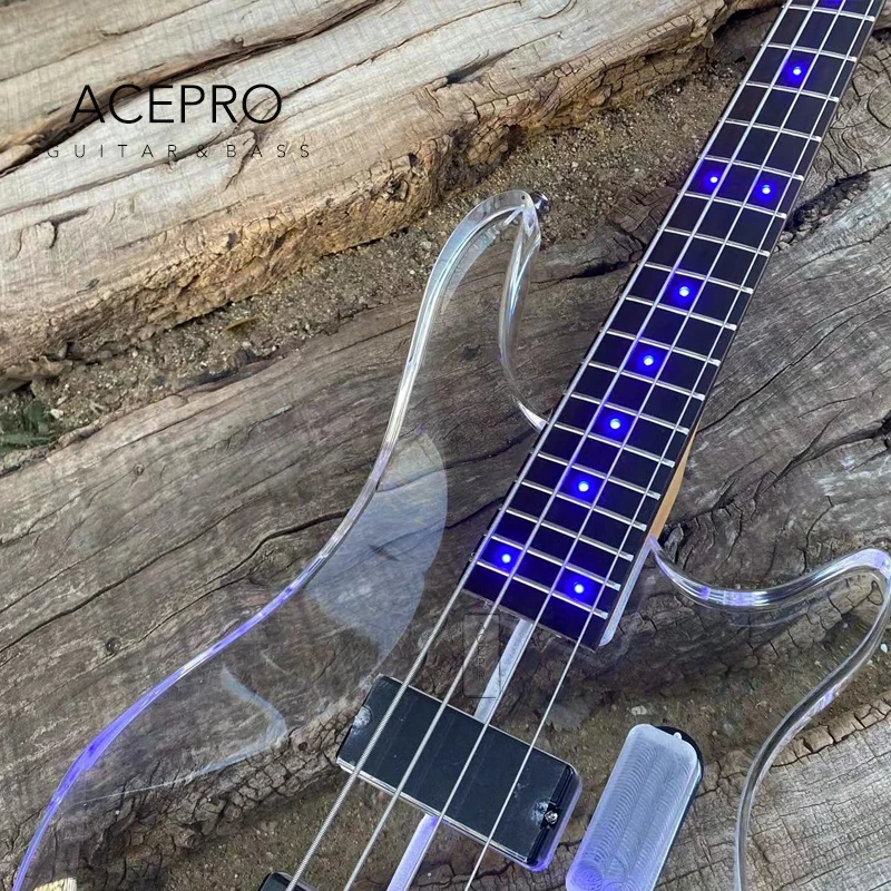 Blue LEDs Light 4 String Acrylic Electric Bass Guitar, Rosewood Fingerboard, Maple Neck, High Quality, Free Shipping