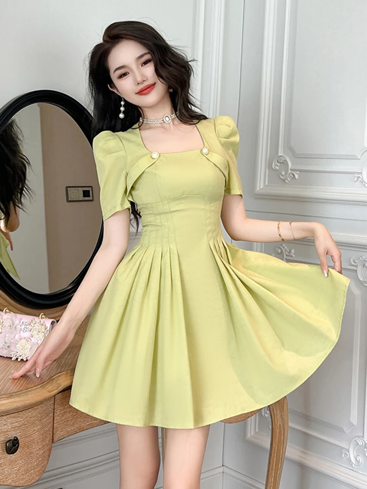 

2023 Summer New Women's Fashion French Elegant Style A-line Dress Sweet Pleated High Waist Short Gown Femme Party Vestidos Mujer