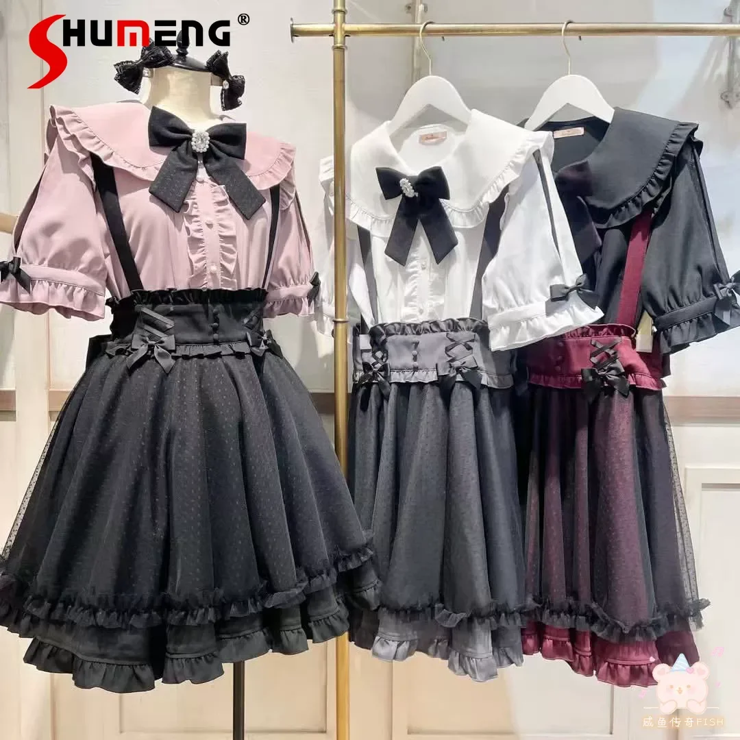 

Japanese Style Mass-produced Retro Lapel Short-sleeved Bow Shirt High Waist A-line Short Skirt Sweet Lolita Two-piece Sets Women