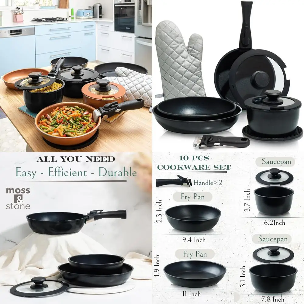

Non-Stick Detachable Handle Cookware Set, 10-Piece Black Pots and Pans, RV & Camping Friendly, Oven Safe, Induction Compatible