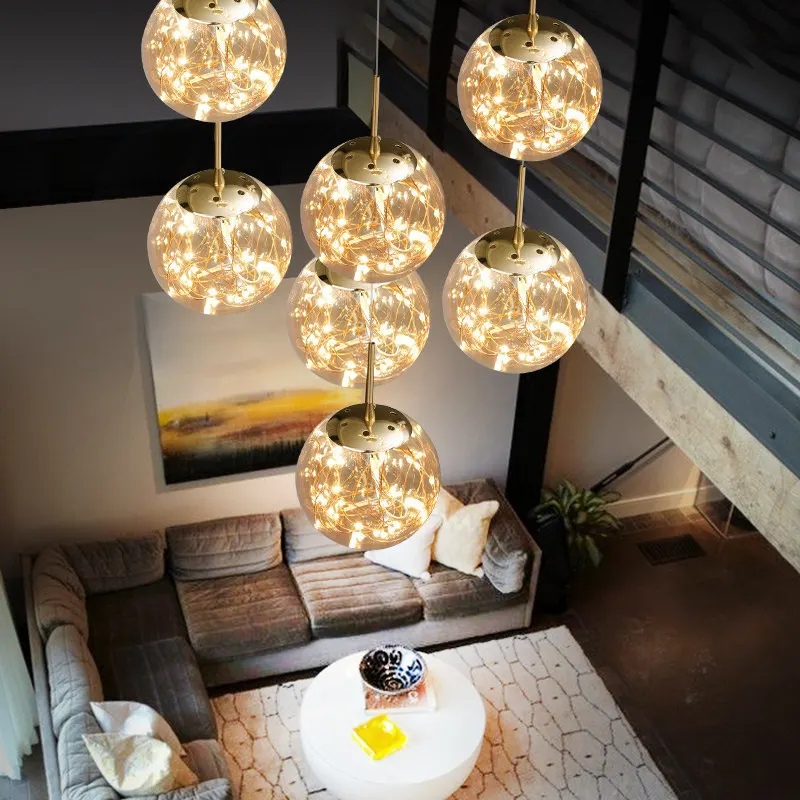 Modern crystal ball chandelier for home lighting, suitable for living rooms, staircases, villas, ceiling mounted long chandelier