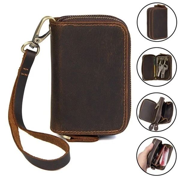 

Retro Men's Cow Leather Short Wallet Zipper Wallet Clutch Wallet Billfold Coins Purse Notecase Key Case