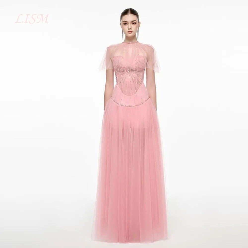 

LISM Розовые милые вечерние платья трапециевидной формы с простыми бусинами из шелкового тюля на молнии сзади Пром платья robe de soirée по индивидуальному заказу
